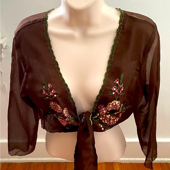 NWT Johnny J brown 100% chiffon silk embroidered sheer front ties blouse,  L - Picture 1 of 16
